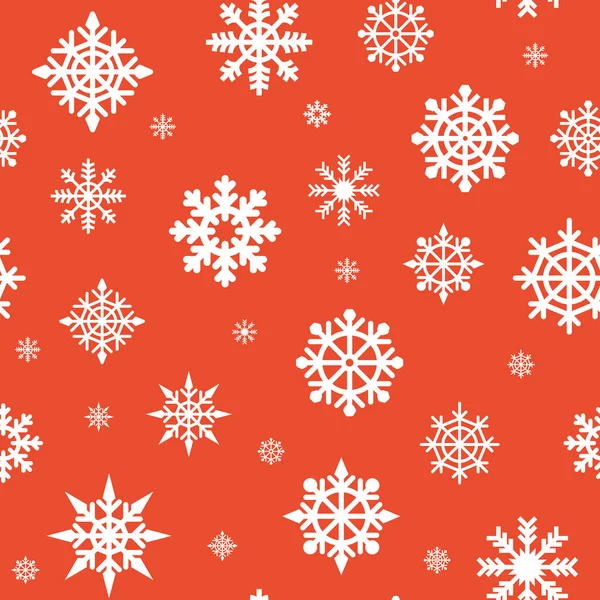크리스마스의 솔기없는 패턴. 붉은 배경에 하얀 눈송이가 있다. 옷감에도 좋고, 옷감에도 좋고, 반사기에도 좋습니다. 크리스마스 카드에 눈송이가 그려진 국경 벡터 일러스트. 스칸디나비아의 크리스마스. — 스톡 벡터