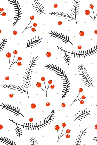 Red berries with fir branches on a white background. Hand drawn floral seamless vector pattern. New year seamless pattern with branches, berries and flowers. Christmas seamless pattern with floral — 스톡 벡터