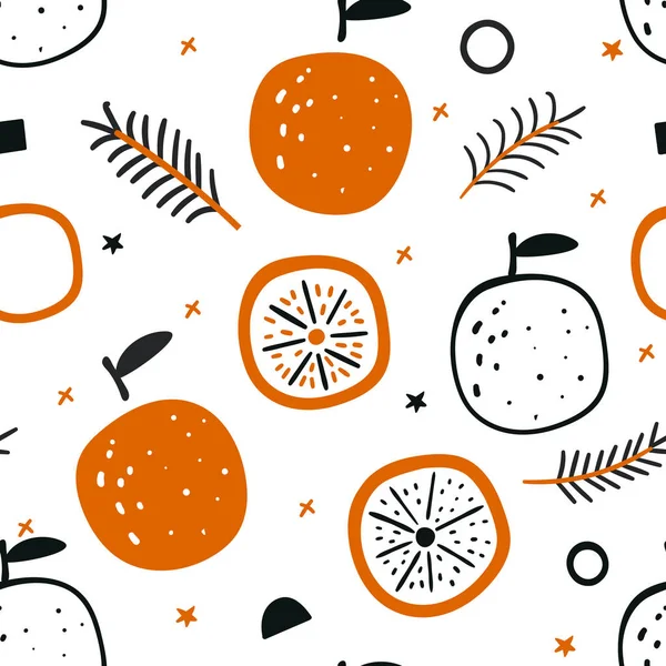 Patrón tropical sin costuras con naranjas rojas. Fruta repetida de fondo. Patrón sin costuras de Año Nuevo con naranjas y ramas de árbol de Navidad. Fondo de Navidad con frutas sobre fondo blanco. — Vector de stock