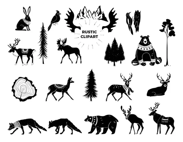 Vector Kerst illustratie. Handgetekende vormgevingselementen. Kwekerij Scandinavische kunst. Stamdieren. Silhouetten van beren, herten, vossen, hazen, vogels. Winterdieren. Bosdieren. — Stockvector