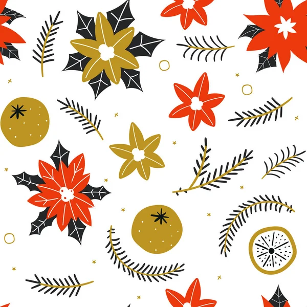 Patrón sin costuras con flores de poinsettia dibujadas a mano y ramas florales y bayas, muérdago, flores de Navidad. Patrón de invierno, papel de embalaje, relleno de patrones, saludos de invierno, fondo de página web — Vector de stock