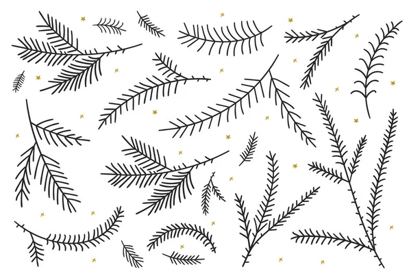 Julsilhuetter av gran-träd grenar. Vektorgrenar. Handritade blommiga inslag i doodle stil. Bläck vintage botaniska illustrationer. handritade botaniska doodle set för kort, inbjudningar — Stock vektor
