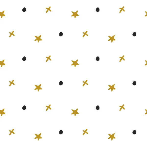 Αφηρημένη αδιάλειπτη μοτίβο με χρυσά αστέρια και μαύρες κουκίδες. Διανυσματική υφή. Παιδικό χαριτωμένο φόντο. Χειροποίητες υφές. Μοντέρνο Graphic Design για banner, αφίσα, κάρτα, εξώφυλλο, πρόσκληση, πλακάτ — Διανυσματικό Αρχείο