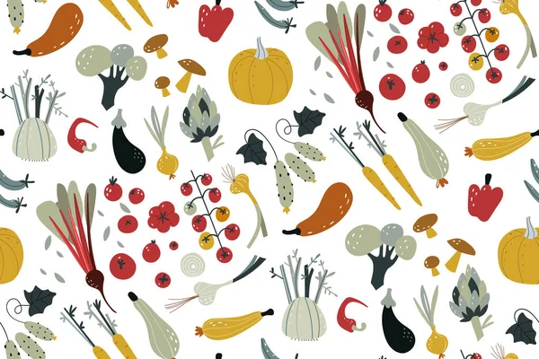 Bezešvé vzor s ručně kreslené barevné čmáranice zeleniny. Zelenina ploché ikony nastavit okurky, mrkev, cibule, rajčata. Ruční kreslení textury. Vegetariánská zdravá výživová vektorová textura. Vegan, farma, bio — Stockový vektor