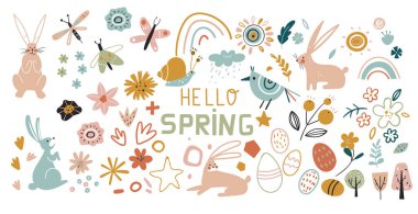 Paskalya ikonları. Büyük bir çiçek, yaprak, kuş, tavşan ve bahar sembolleri koleksiyonu. El çizimi elementler çiçekler, çelenkler, tırnak işaretleri ve diğerleri. Albüm yapmak için mükemmel. Botanik ile bahar sanat baskısı.