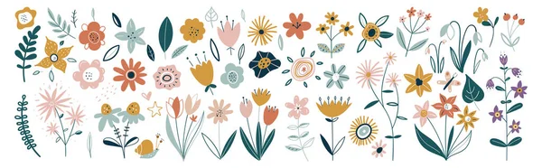 葉と花のコレクション、花花束。ベクトルの花。植物性の春のアートプリント。ハッピーイースター。民俗スタイル。春休みのポスター。白い背景に孤立したアイコンは. ストックイラスト