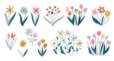 Beyaz arka planda farklı çiçek seti. Güller, yapraklar, çiçek buketleri, çiçek kompozisyonları. Çiçek dalı seti. Çiçek pembe gül, yeşil yapraklar. Bahar çiçekleri.