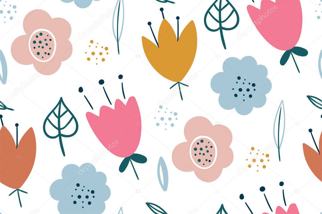 Seamless pattern with creative decorative flowers. Creative floral texture. Great for fabric, textile Vector Illustration. Hand drawn scandinavian style. Vector illustration for fashion textile print.