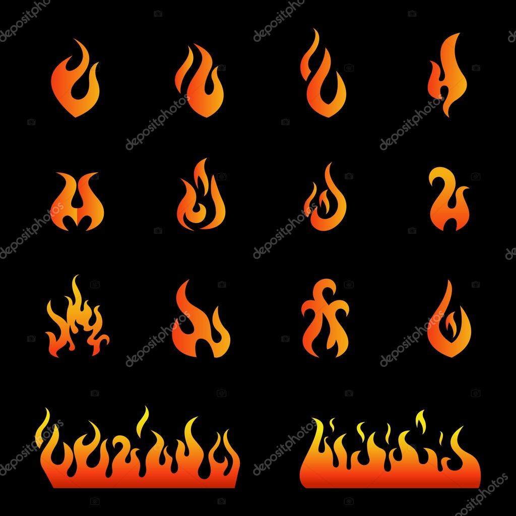 Fire flames, set icons, vector illustrationred fire flat icons and pictograms set isolated on a black background for danger concept or logo design