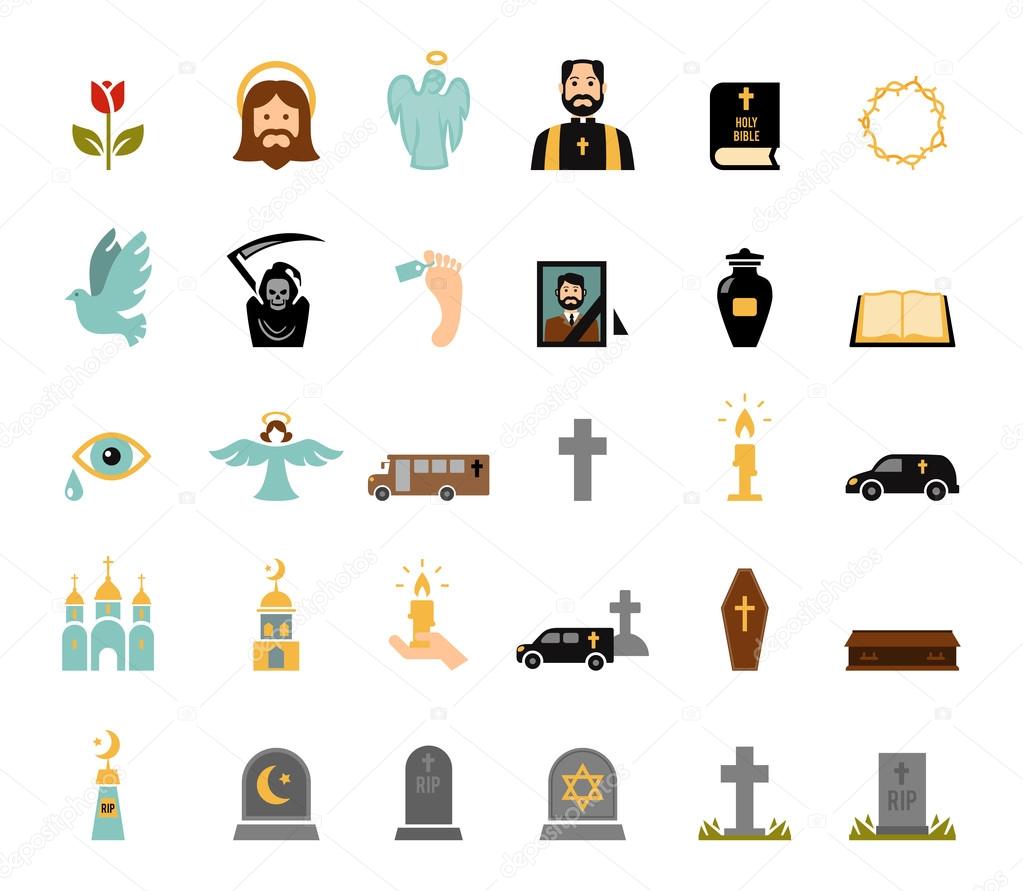 Death and mourning for deceased ritual church funeral ceremony tombstone candles flat icons set vector isolated illustration