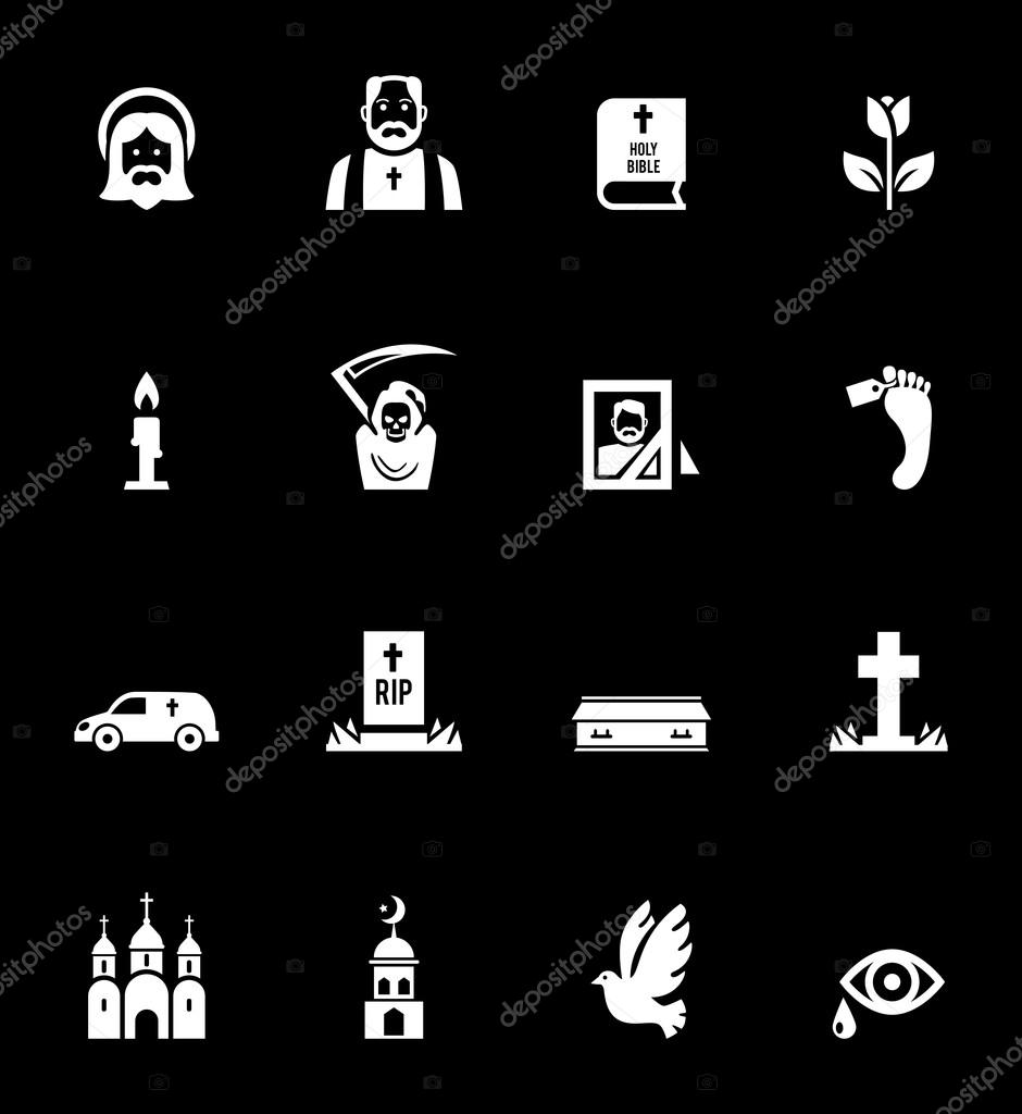 Funeral mortuary service ritual hearse van with flowers wreath bible black casket icons set vector isolated illustration
