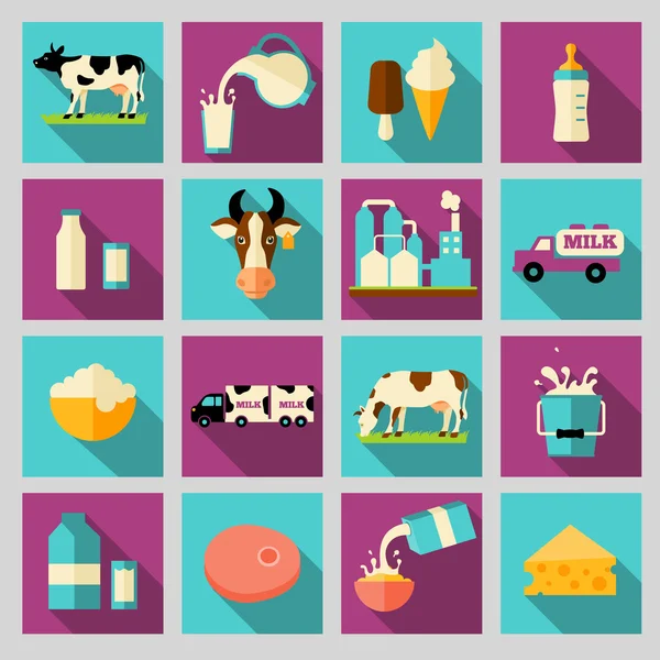 Conjunto de iconos para la leche. Productos lácteos, producción, gama . — Vector de stock