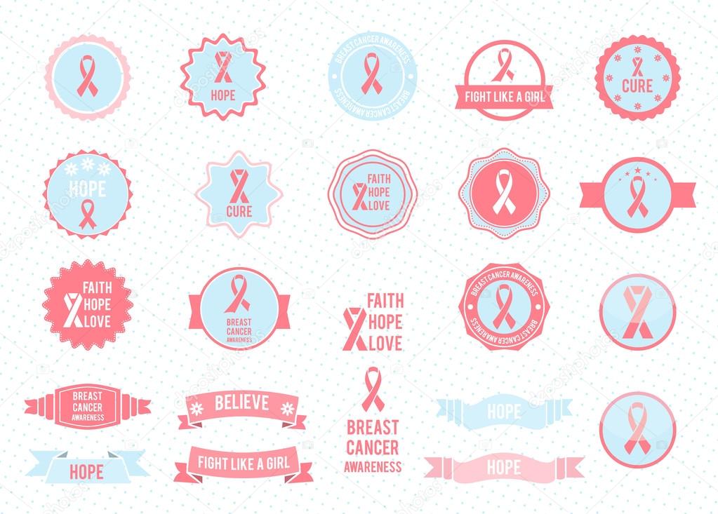 19 October - International Day of Breast Cancer - creative vector badges set. Breast cancer awareness. Hope for a cure. I am supporting. Pink ribbon sign. Vector badges collection. Design elements