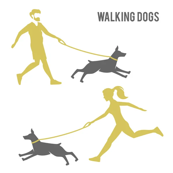 The guy and the girl walking a dog. — Stock Vector