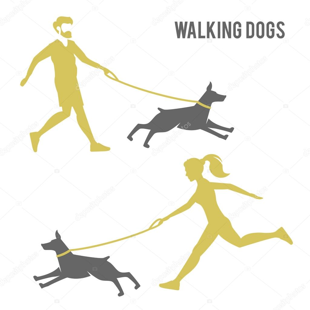 A man and a woman walking a dog. logo design for dog walking, training or dog related business. Dog obedience
