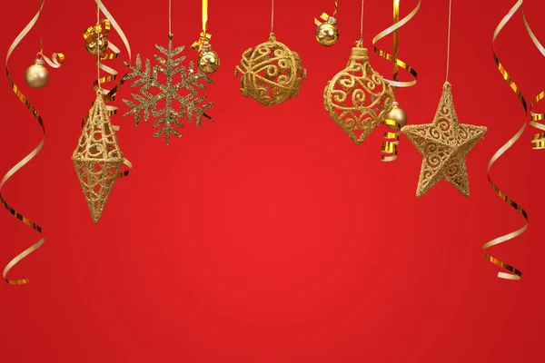 Frohe Weihnachten Postkarte Banner, Dekorationen auf rotem Hintergrund — Stockfoto