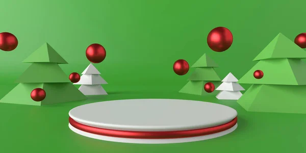 Julkoncept, podium, piedestal på grön bakgrund, 3D render — Stockfoto