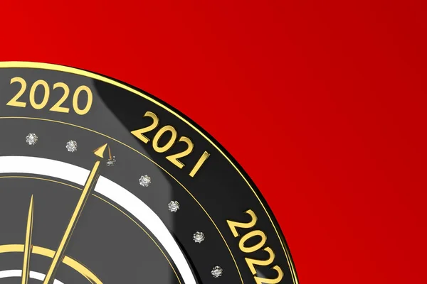 Orologio concettuale natalizio con anno 2021, su sfondo rosso, rendering 3D — Foto Stock