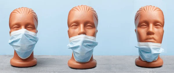 Covid 19, bir mankenin üzerine tıbbi maske mavi arka plana nasıl doğru talimatlar konulacağı, bir afiş, uzay kopyaları.
