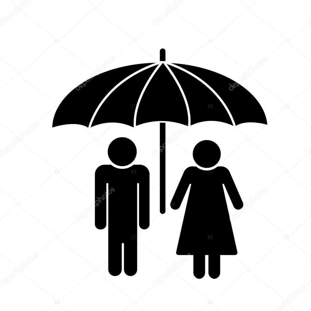 Man, woman, under umbrella on white background.