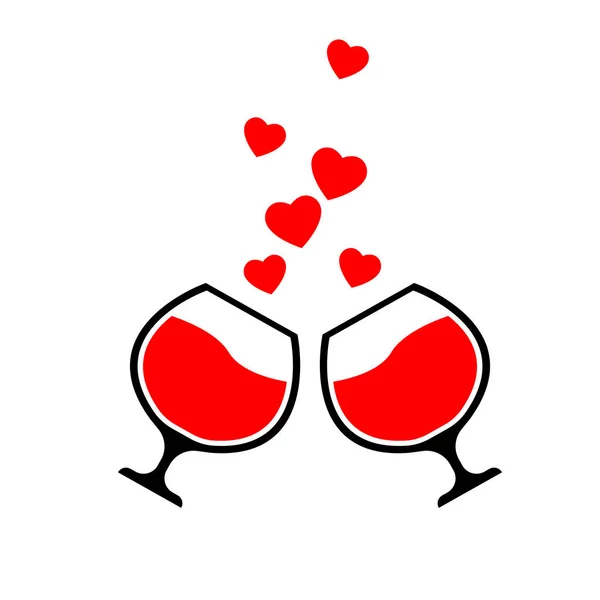 Couple Verres Vin Avec Des Cœurs Rouges Isolés — Photo