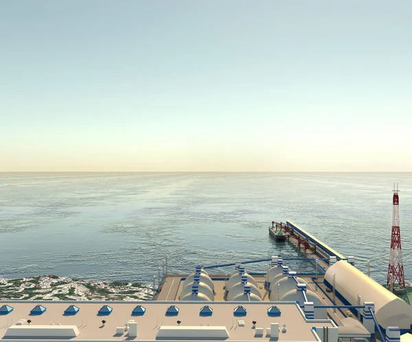 Sea port complex of mineral fertilizers transshipment with bulk carrier, berth, storage facilities, main building, location tower, railway and other port infrastructure. View from the shore. 3D-rendering.