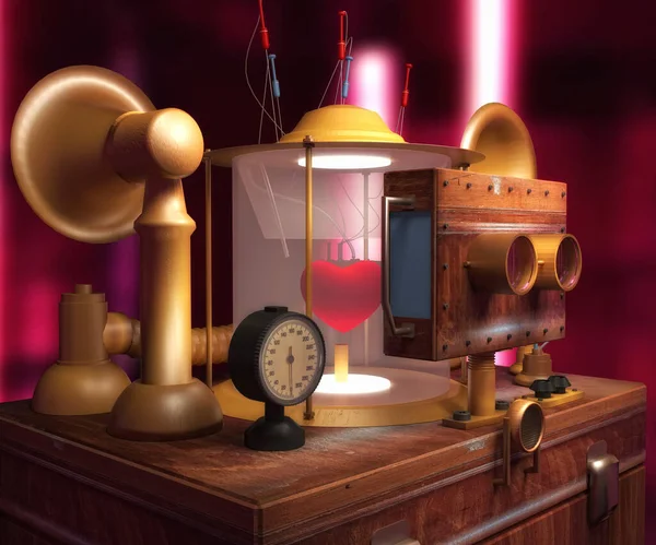 Laboratory of Love. Including a love machine, a flask with a heart, lightning strike, retro microscope and more on a neon pink background. 3d-rendering.