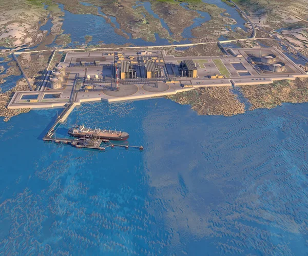Sea port with gas carrier, mooring outrigger, coastal zone, LNG plant and oil terminal. 3d-rendering