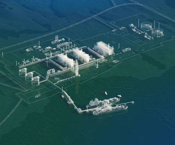 Sea port scheme with two gas carriers, mooring outrigger, coastal zone, LNG plant, oil terminal, berth of auxiliary vessel. White drawing on a blue-green water background. 3d-rendering
