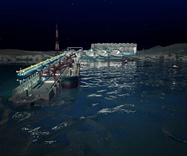 Night Sea port complex of mineral fertilizers transshipment with bulk carriers, berth, storage facilities, main building, location tower, railway and other port infrastructure. 3D-rendering.