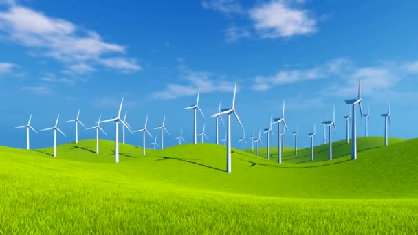 Turbinas eólicas em colinas verdes no dia ensolarado — Vídeo de Stock