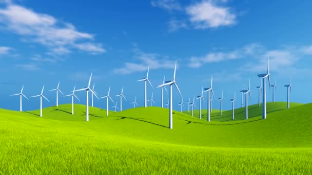 Wind turbines on green hills at sunny day — Stock Video