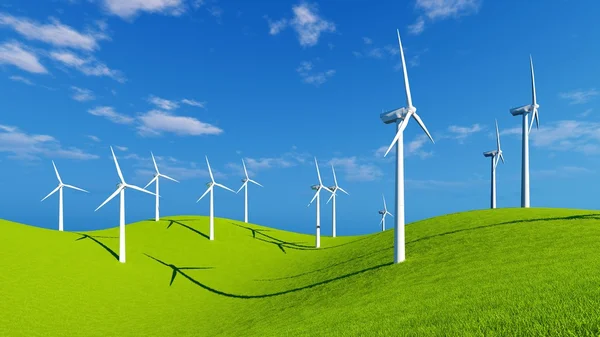 Güneşli bir günde yeşil tepelerde rüzgar türbinleri — Stok fotoğraf