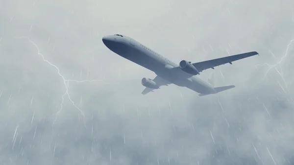 번개와 폭풍우 치는 하늘에 정기 여객기 — 스톡 사진
