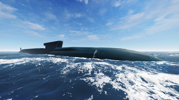 Surfaced nuclear submarine at open sea