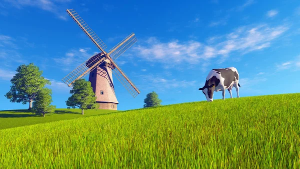 Pascolo chiazzato mucca e mulino a vento — Foto Stock