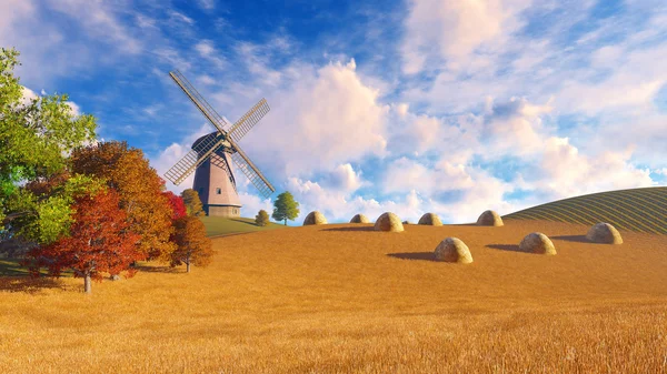 Landschap met molen en hooibergen — Stockfoto