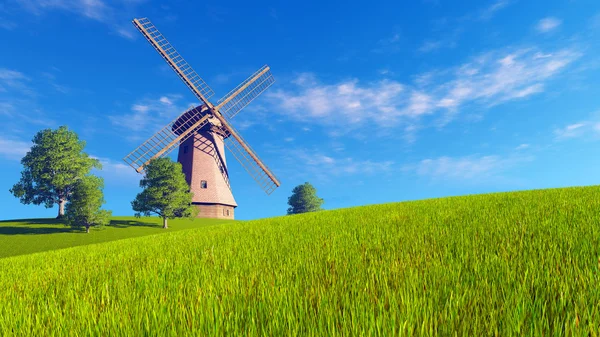 Verão paisagem rural com moinho de vento — Fotografia de Stock