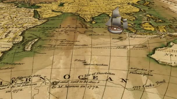 Cartoon sailing ship on ancient world map — Stock Video