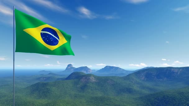 Βραζιλιάνικη σημαία σε βράχους και κινούμενη εικόνα φόντου 4k ουρανό — Αρχείο Βίντεο