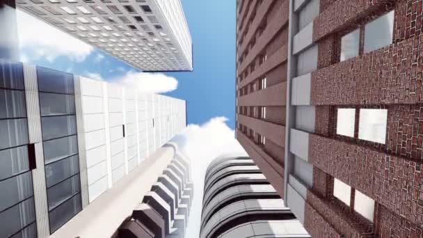 Moderní výškové kancelářské budovy proti pozadí slunečné oblohy — Stock video