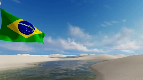 Vlag van Brazilië tegen zandduinen en water lagunes 4k animatie — Stockvideo