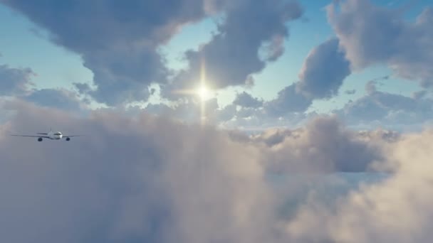 Avión de pasajeros volando alto en el cielo soleado con nubes 4K — Vídeos de Stock