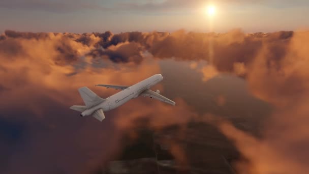 Passagierflugzeug am Himmel bei Sonnenuntergang mit Wolken 4k — Stockvideo