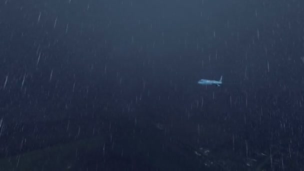 Avião de passageiros no céu noturno em animação chuva pesada 4K — Vídeo de Stock