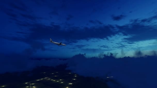 Το επιβατικό αεροσκάφος σε νύχτα animation συννεφιασμένο ουρανό 4k — Αρχείο Βίντεο
