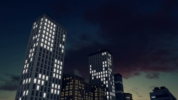 Abstracte verlichte hoge stijging kantoorgebouwen nachts — Stockvideo