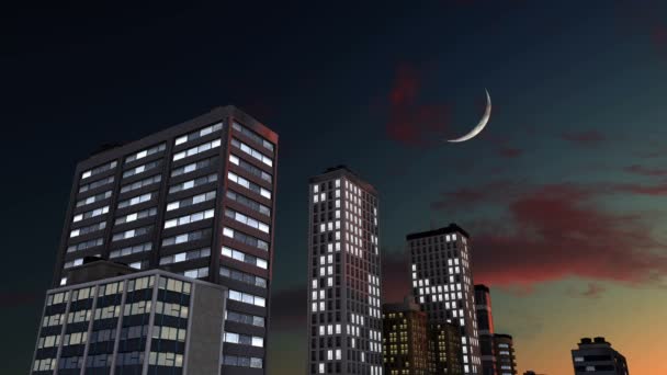 달빛이 반달밤 하늘로 치솟는 불이 밝은 고층 건물 — 비디오