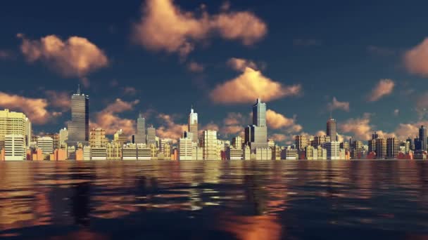 Zobacz nowoczesne duże miasto z wody o zachodzie słońca 4k — Wideo stockowe