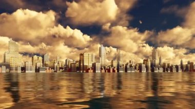 City gökdelen günbatımı 4 k suya yansıyan